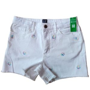 Gap Stretch High Waist Shorts White Denim Pastel Peace Signs  Girl's Size 14 NEW